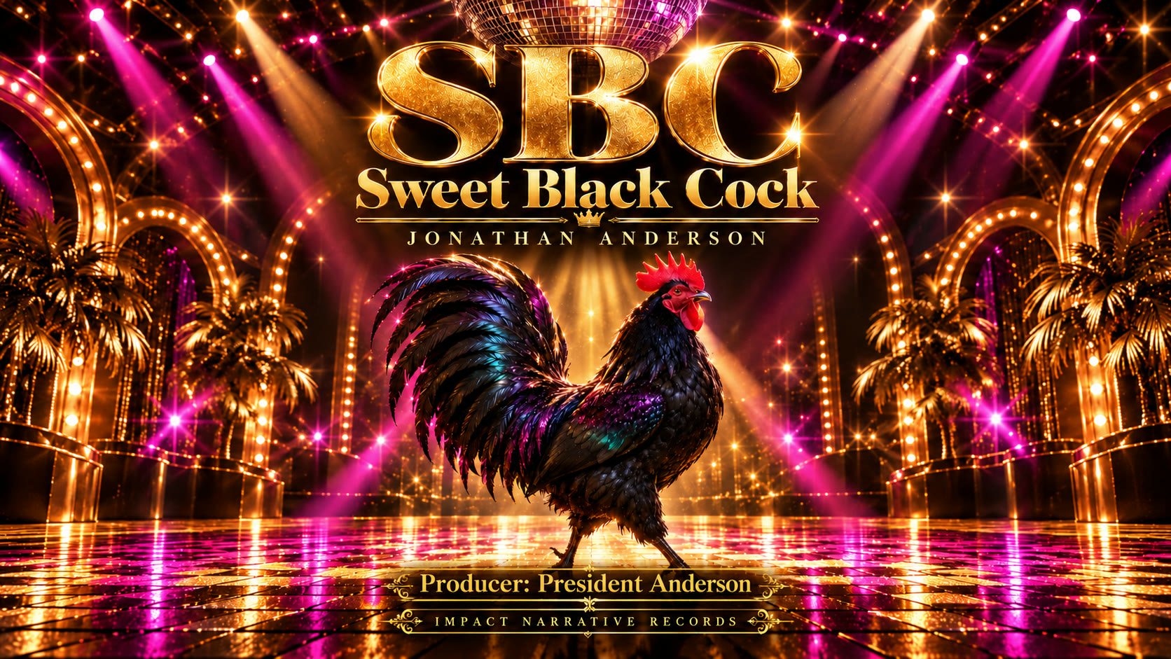 SBC — Sweet Black Cock album art: a black rooster strutting across a gold and magenta disco floor under a mirror ball. Jonathan Anderson. Producer: President Anderson. Impact Narrative Records.